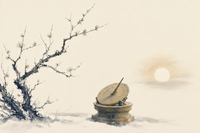 An ink brush painting on aged paper: a bare plum branch with a few opening buds beside an old sundial, a pale sun on the horizon, and a thin band of snow along the lower edge