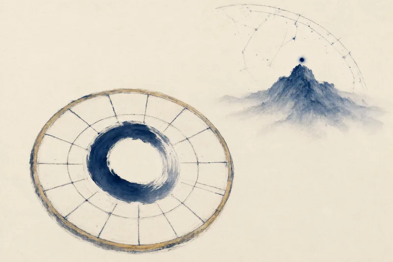 Pintura a pincel de tinta sobre papel envejecido: un anillo de brújula en índigo oscuro dividido en doce sectores alrededor de un centro vacío, un mapa estelar tenue en la esquina superior derecha y una estrella brillante sobre un pico de montaña brumoso