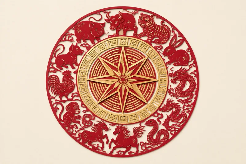 Medallón chino de papel recortado rojo con los doce animales del zodiaco rodeando una estrella de brújula dorada de ocho puntas, enmarcada por un anillo de caracteres tallados