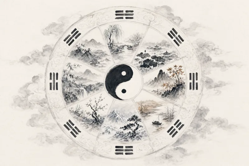 Pintura tradicional china en tinta de una rueda celeste circular, símbolo yin-yang taiji en el centro rodeado de ocho trigramas bagua y diez escenas de montañas estacionales, que representan el ciclo de suerte de diez años en Bazi, tonos de tinta suaves, estética oriental