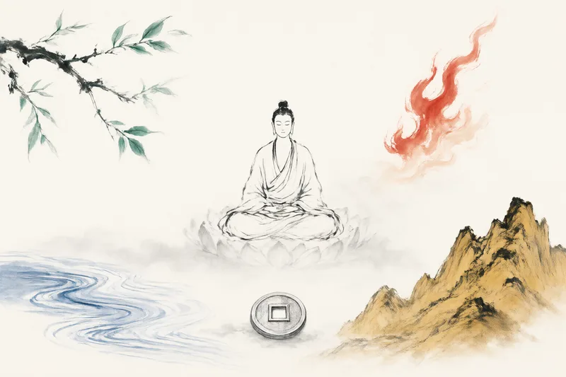 Traditional Chinese ink brush painting of five elemental symbols arranged around a seated figure, branches, flame, mountain, coin and flowing water, soft mist, eastern aesthetic