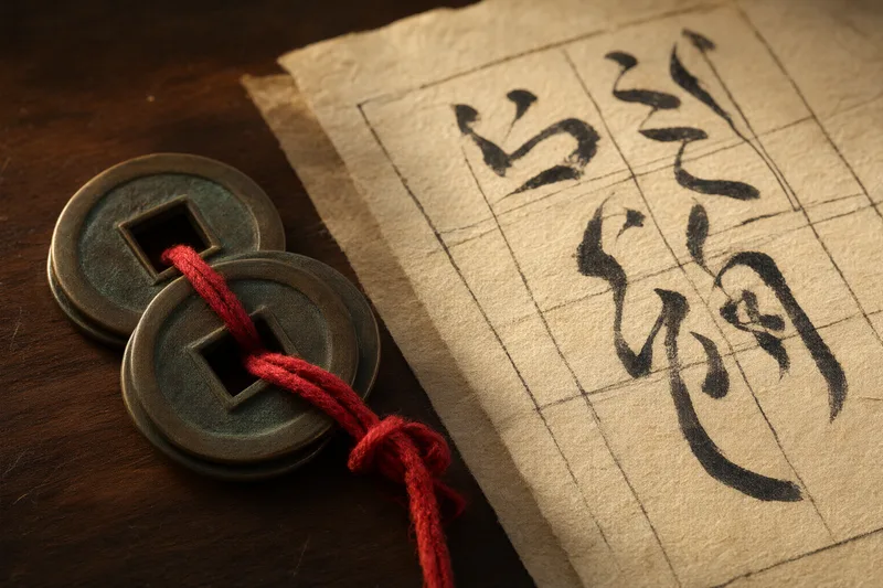 Two ancient Chinese copper coins tied with red cord beside a rice-paper grid sheet with brushed calligraphy