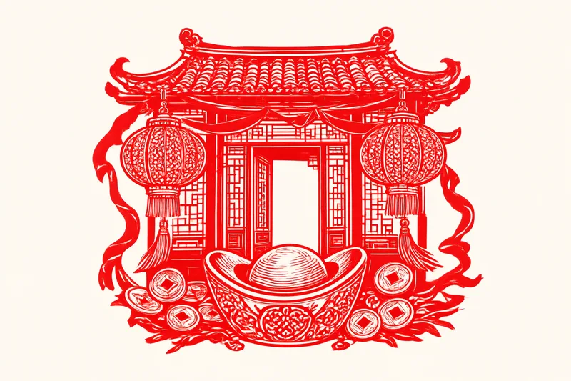 Red Chinese paper-cut of a traditional shop gate with hanging lanterns, gold ingots, and ancient coins, symbolizing prosperity for a business launch
