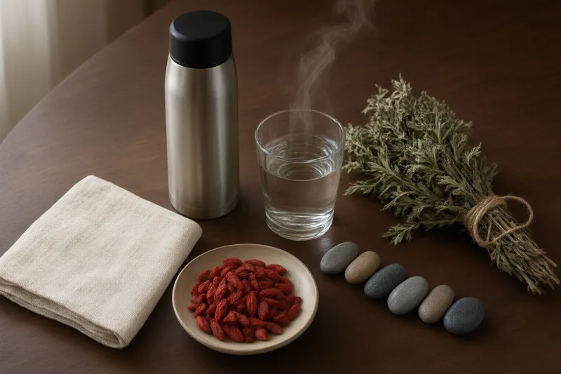 Termo de acero junto a un vaso de agua caliente que echa vapor, un plato de bayas de goji secas, un manojo de artemisa seca atado con cordel, una fila de piedras grises y un paño de lino doblado sobre una mesa oscura de madera