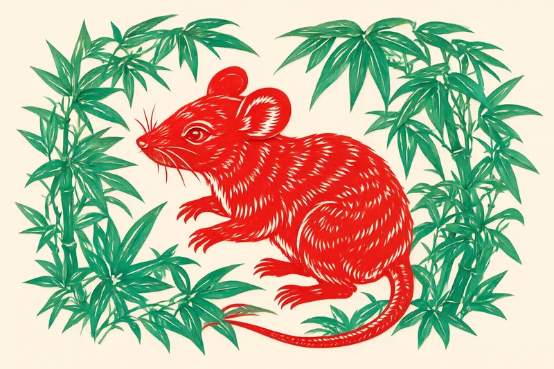 Illustration of a rat in a forest setting with wood and green elements, Chinese zodiac theme