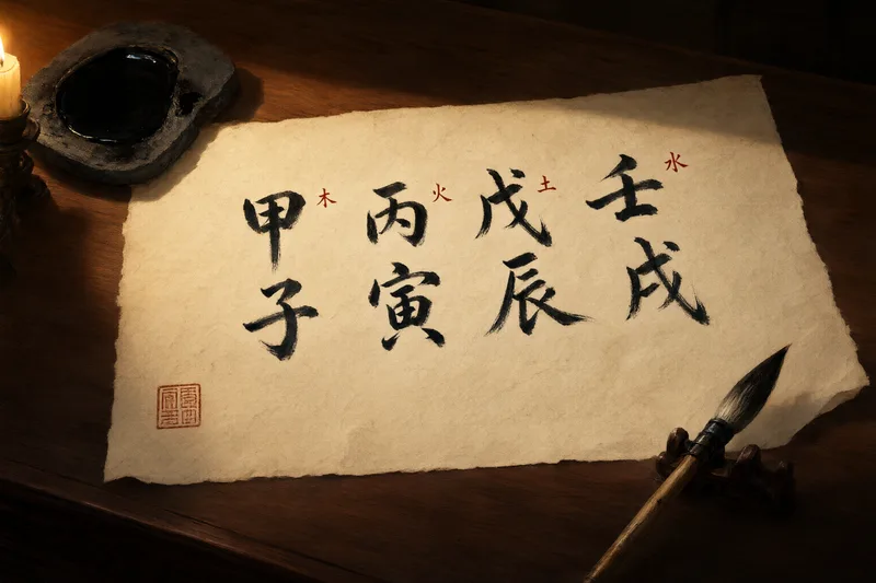 Un pergamino de papel de arroz envejecido cubierto de columnas verticales de caracteres chinos de Bazi, con un pincel, una piedra de tinta y luz de velas sobre una mesa de madera
