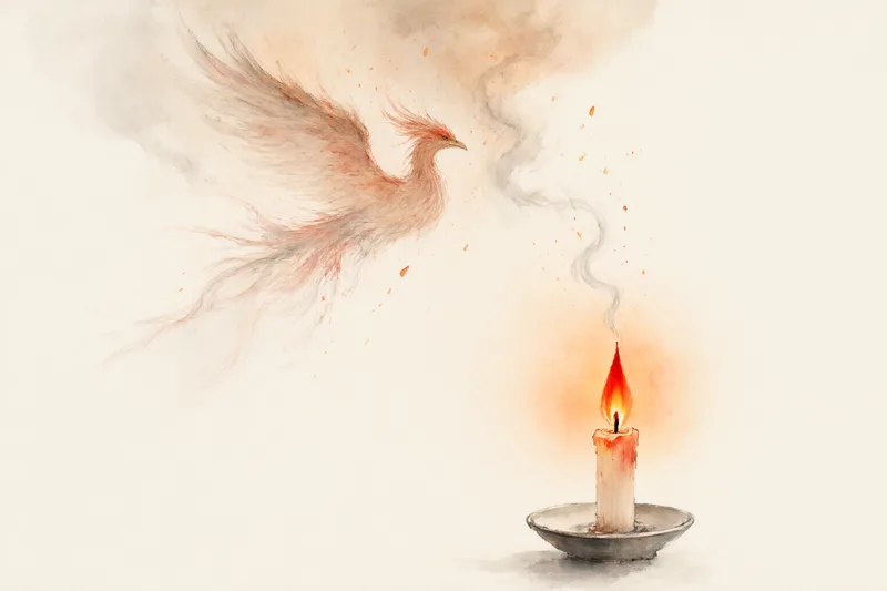 A single burning red candle with smoke rising and curling into the shape of a phoenix, warm red and orange ink wash tones, symbolizing the Fire element, passion and transformation