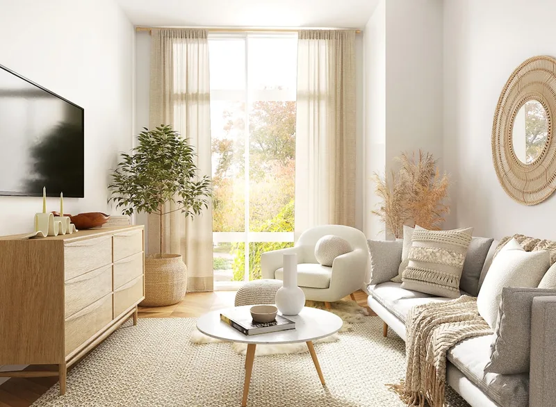 Uma sala de estar minimalista e serena com cadeira de fibra, móveis de madeira natural, tecidos de linho e plantas verdes sob uma luz neutra e suave