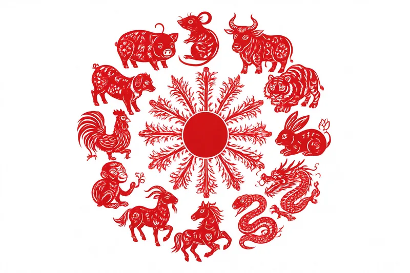Twelve Chinese zodiac animals in red paper-cut arranged in a circle around a central sun motif, white background