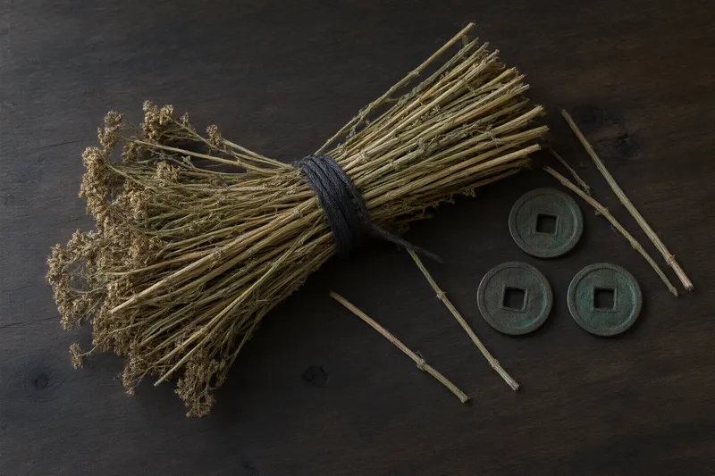 Um feixe de varas secas de yarrow amarrado com um cordão ao lado de três moedas antigas chinesas de bronze sobre uma mesa de madeira escura, fotografado de cima sob luz suave