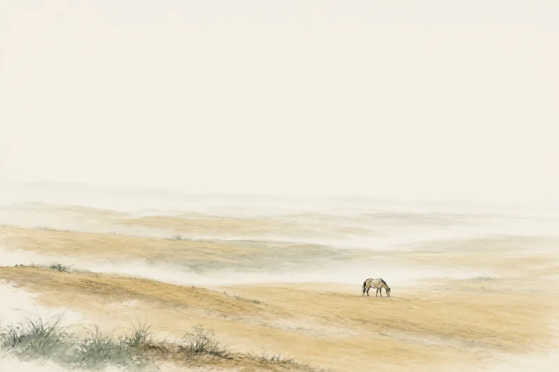 Vast yellow earth hills stretching under a wide sky with soft mist, a lone horse grazing in the distance, traditional Chinese ink brush painting, the earth symbol of the Receptive hexagram