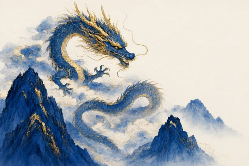 Dragão chinês azul e dourado enrolando-se entre nuvens acima de picos montanhosos cobertos de névoa, pintura tradicional a tinta, o dragão símbolo do hexagrama Criativo