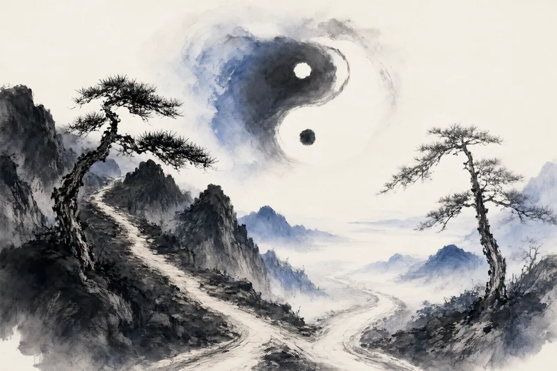 Ink wash mountain scene with a Taiji (yin yang) symbol floating in the mist, representing the choice between two paths