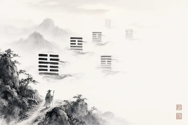 Pintura a tinta de um sábio daoísta em um penhasco contemplando símbolos de hexagrama surgindo da névoa, paisagem tradicional chinesa, tons suaves de cinza
