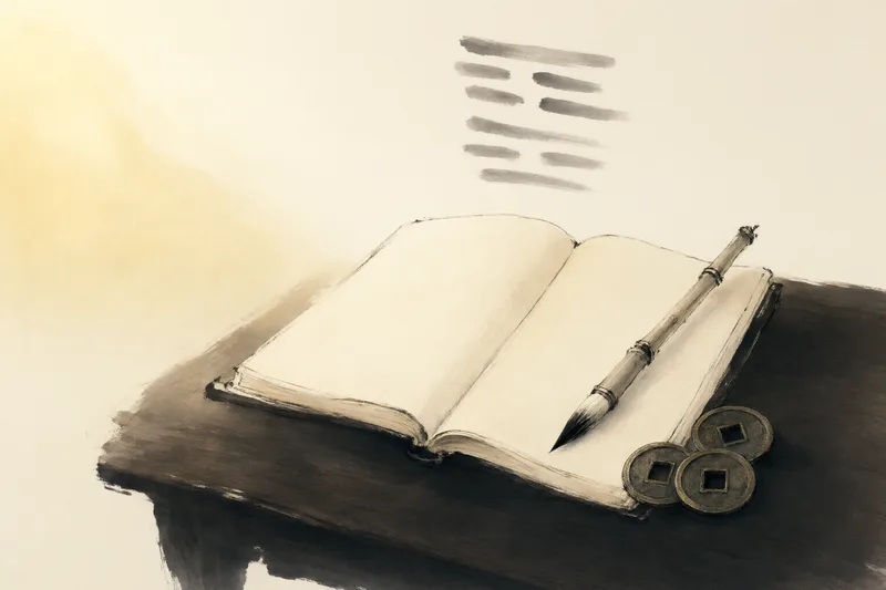 Um livro antigo aberto sobre uma mesa de madeira escura com um pincel de bambu e três moedas redondas de bronze do I Ching, traços de seis linhas de hexagrama flutuando sobre as páginas, pintura tradicional chinesa a tinta com luz quente e suave