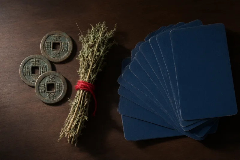Natureza-morta vista de cima sobre uma mesa de madeira escura: três moedas chinesas antigas de bronze com furo quadrado, um feixe de hastes secas amarrado com cordão vermelho e um leque de cartas de tarot viradas para baixo, com dorsos azul-escuros