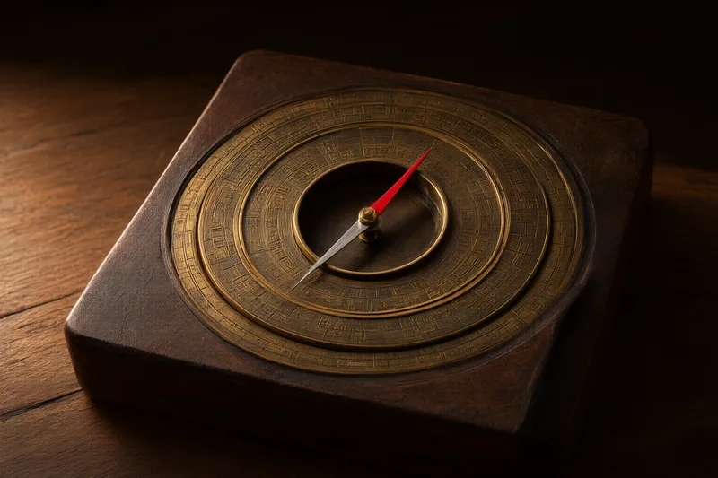 Una brújula china luopan antigua con anillos de latón grabados y una aguja roja, sobre madera oscura bajo una luz lateral cálida