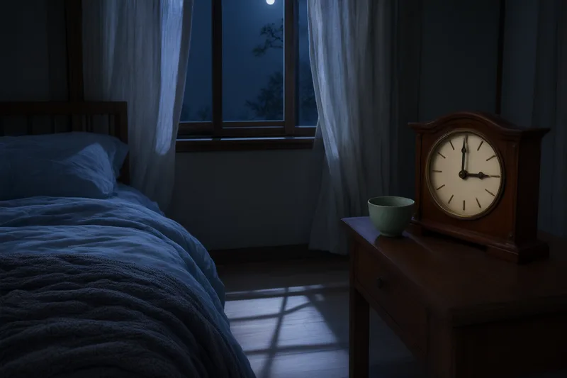 An analog clock showing 3:00 AM on a dark bedside table, with soft moonlight coming through a window