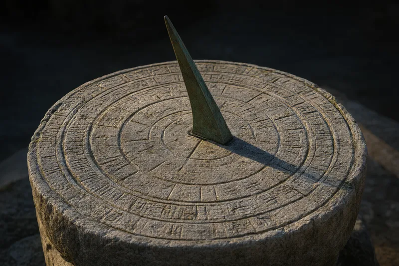 Un reloj de sol de piedra desgastada, con anillos concéntricos grabados y un gnomon de bronce en el centro, proyectando una sombra nítida sobre la esfera bajo una luz lateral cálida