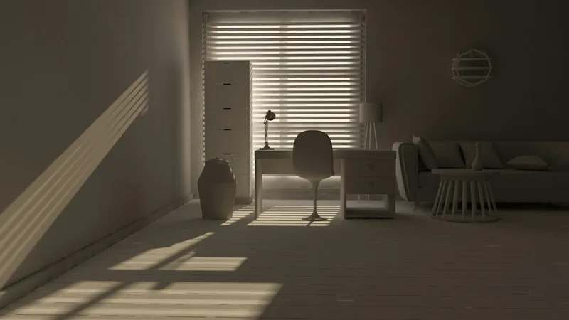 A minimalist room with strong bands of light and shadow falling through window blinds across a bare floor