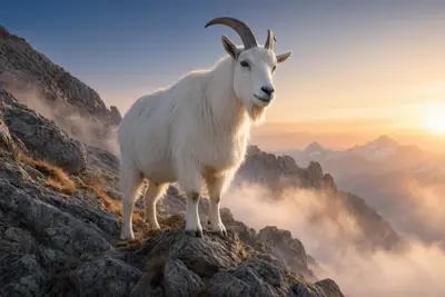 Gentle goat in a peaceful meadow with 2027 Chinese zodiac wheel overlay