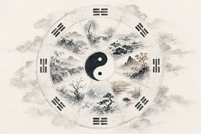 Pintura circular en tinta: anillo yin-yang central rodeado de ocho paneles, cada uno con un pequeño paisaje y un trigrama, sobre papel off-white