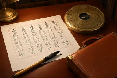 A wooden desk with an open notebook, a pen, and a cup of tea, seen from above in soft natural light