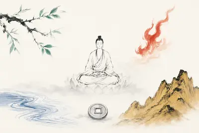Traditional Chinese ink brush painting of five elemental symbols arranged around a seated figure, branches, flame, mountain, coin and flowing water, soft mist, eastern aesthetic