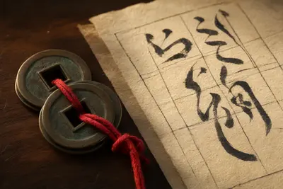 Two ancient Chinese copper coins tied with red cord beside a rice-paper grid sheet with brushed calligraphy