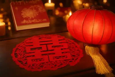 Red double happiness paper-cut beside a red silk lantern and a gold-embossed book in warm candlelight, marking an auspicious wedding day