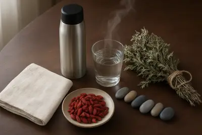 Termo de acero junto a un vaso de agua caliente que echa vapor, un plato de bayas de goji secas, un manojo de artemisa seca atado con cordel, una fila de piedras grises y un paño de lino doblado sobre una mesa oscura de madera