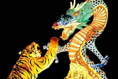 Traditional Chinese tiger and dragon illustration in ink and gold on dark background