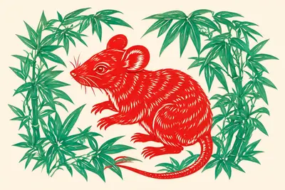 Illustration of a rat in a forest setting with wood and green elements, Chinese zodiac theme