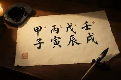 Un pergamino de papel de arroz envejecido cubierto de columnas verticales de caracteres chinos de Bazi, con un pincel, una piedra de tinta y luz de velas sobre una mesa de madera
