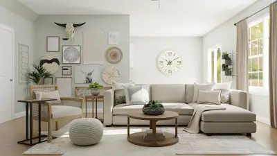 A calm, light-filled living room with sage green walls, cream linen curtains, and natural wood furniture, styled after feng shui color principles