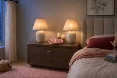 Romantic bedroom corner with pair of nightstands, soft lighting, and rose quartz crystals