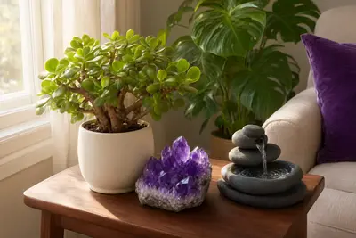 A southeast corner of a living room with a healthy jade plant, a small amethyst cluster, and a tiny tabletop water fountain bathed in natural light