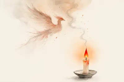 Una única vela roja encendida con humo que sube y se transforma en la forma de un fénix, tonos cálidos de rojo y naranja en pintura a tinta, simbolizando el elemento Fuego, la pasión y la transformación