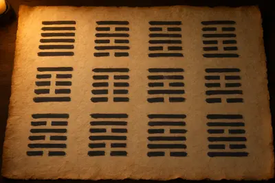 Sixty-four small wooden tiles arranged in an 8×8 grid on a dark wooden surface, each tile inscribed with a simple trigram symbol