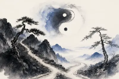 Ink wash mountain scene with a Taiji (yin yang) symbol floating in the mist, representing the choice between two paths