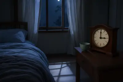An analog clock showing 3:00 AM on a dark bedside table, with soft moonlight coming through a window