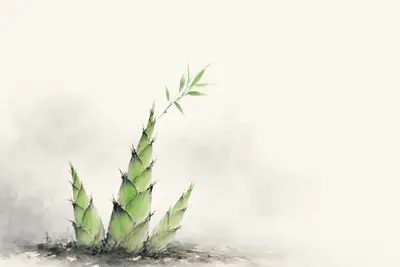 Young bamboo shoots breaking through soil with fresh leaves unfolding, soft blurred background, Chinese ink-wash style, conveying growth and renewal