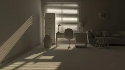 Una habitación minimalista con fuertes franjas de luz y sombra que caen por las persianas sobre un suelo desnudo