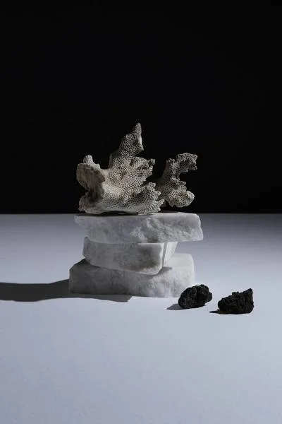 A balanced composition of light and dark forms, natural stones on a neutral surface